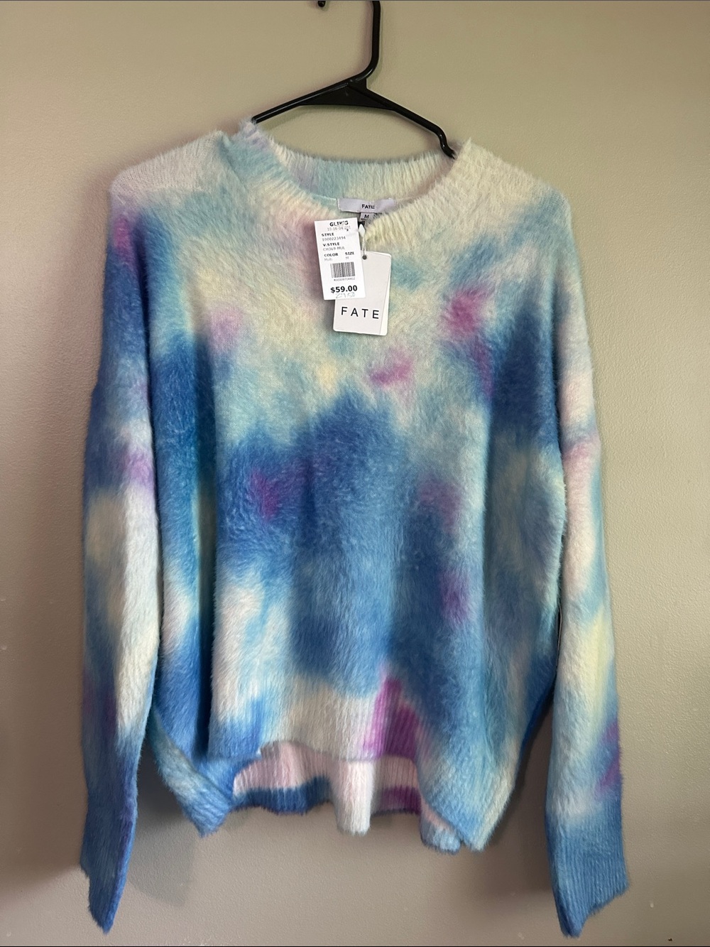 Fate Pastel Tie-Dye Fuzzy Crewneck Sweater - Blue, Purple, Pink, Cream